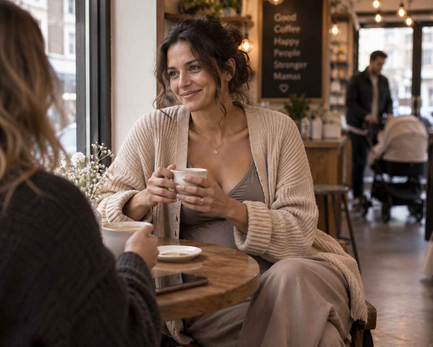 Nybakt mor i strikkejakke drikker kaffe med en venninne på en kafé, med en barnevogn i bakgrunnen.