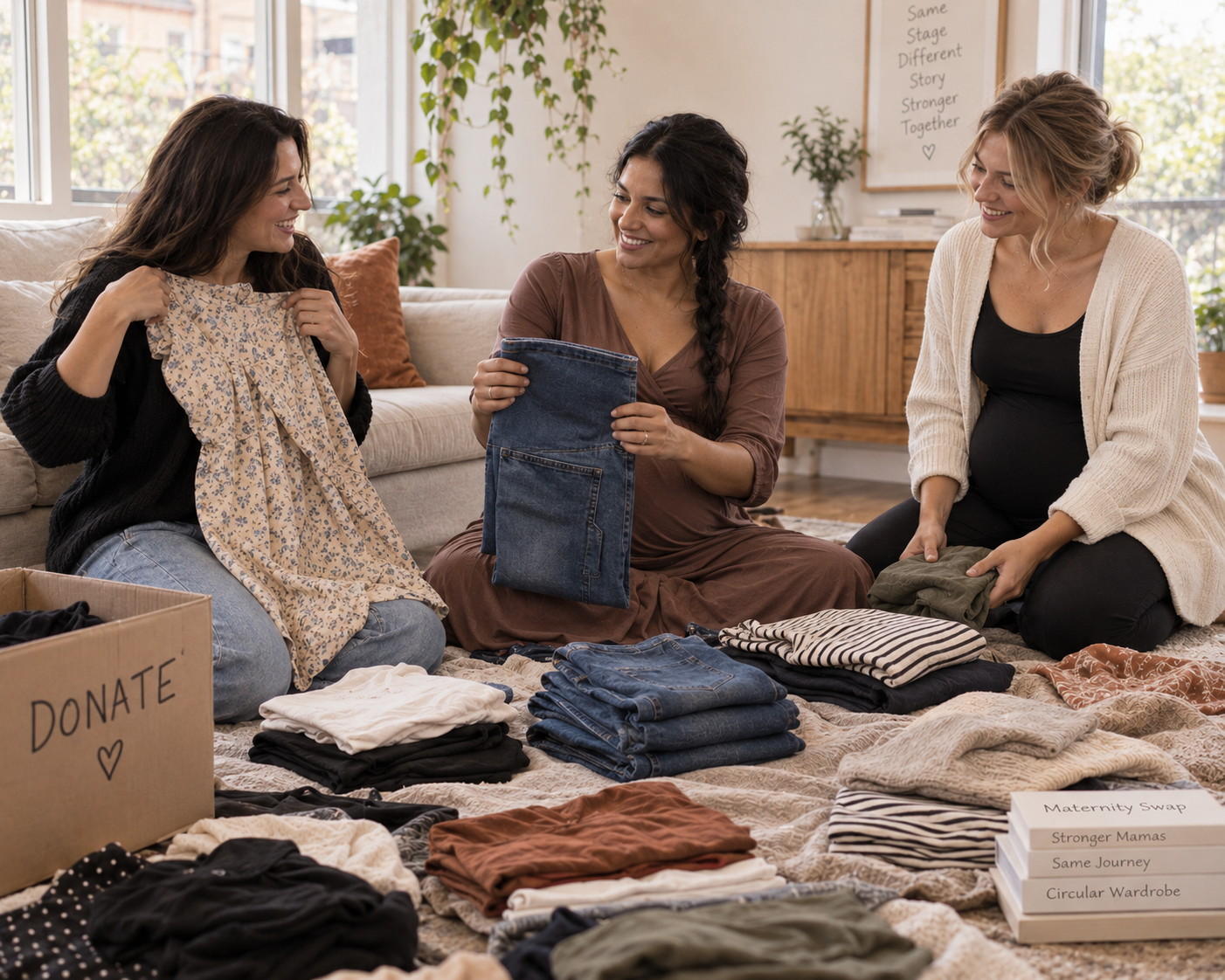 Trois mamans assises sur le sol du salon trient des vêtements de grossesse pliés en piles à côté d'un carton de dons.