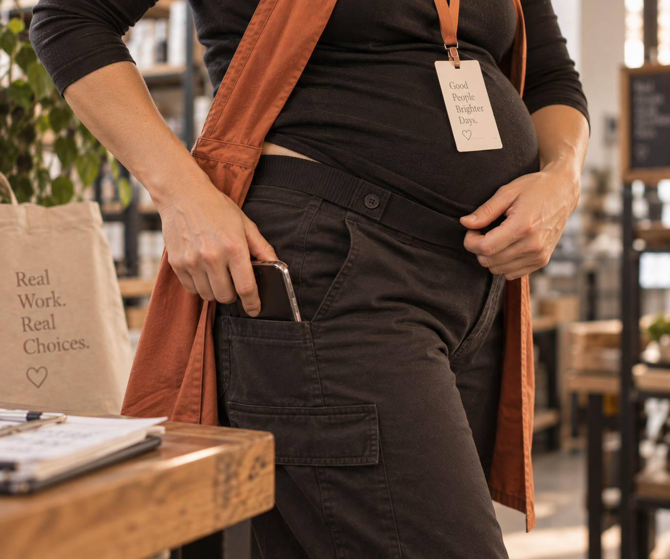 Close crop of black maternity work trousers with a phone in the side pocket, next to a terracotta apron and a work name tag.