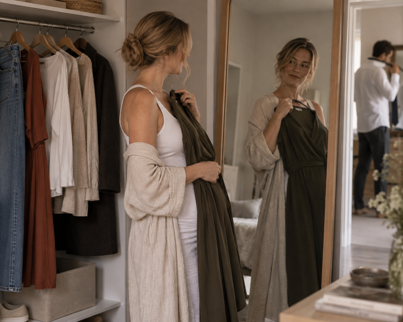 Pregnant woman holding an olive dress on a hanger in front of a mirror, beside a small rail of neutral maternity pieces.