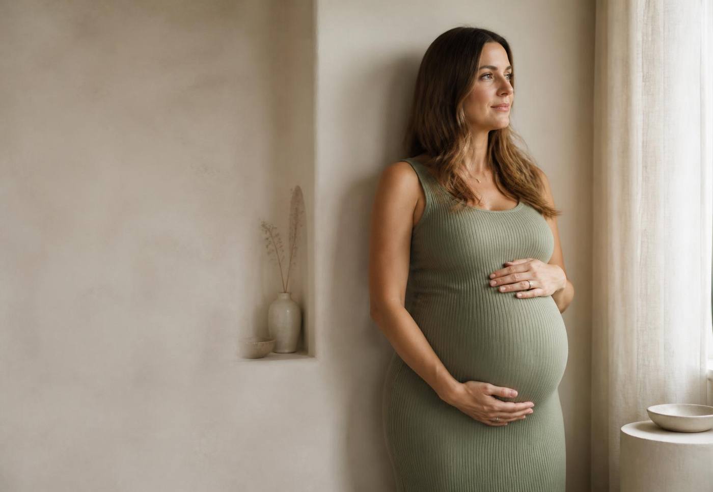 Futura mamá con un vestido de embarazo de canalé verde salvia con luz suave