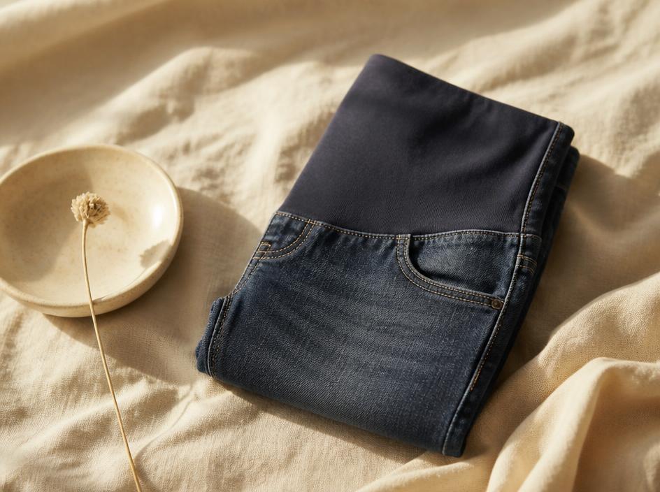 Eine gefaltete Umstandsjeans auf cremefarbenem Leinen