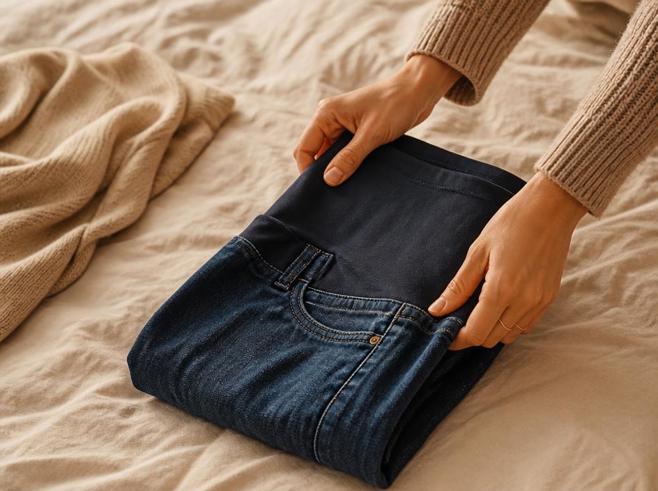 Hände falten eine Umstandsjeans auf einem Bett